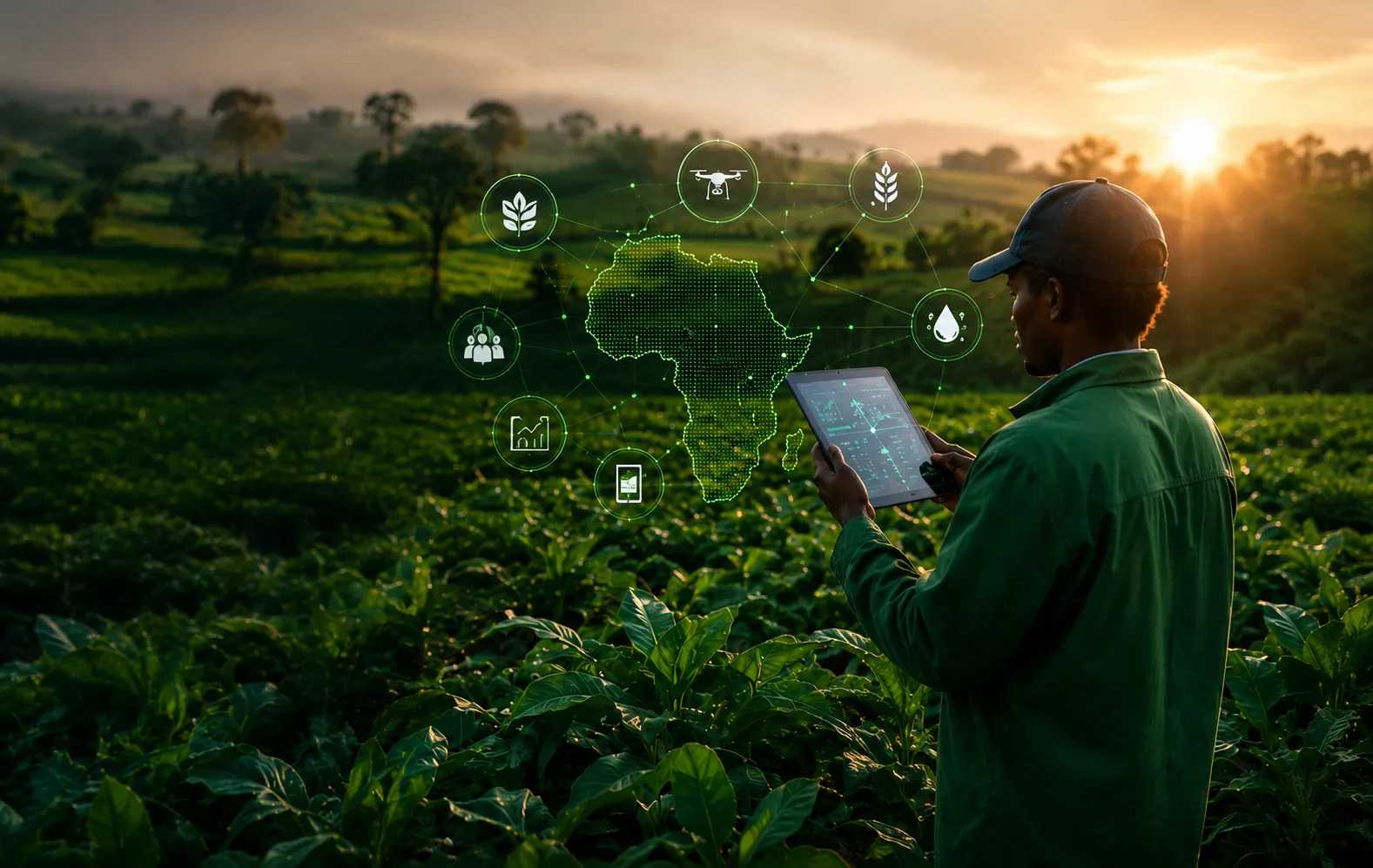 Farmer in an East African field using technology at golden hour
