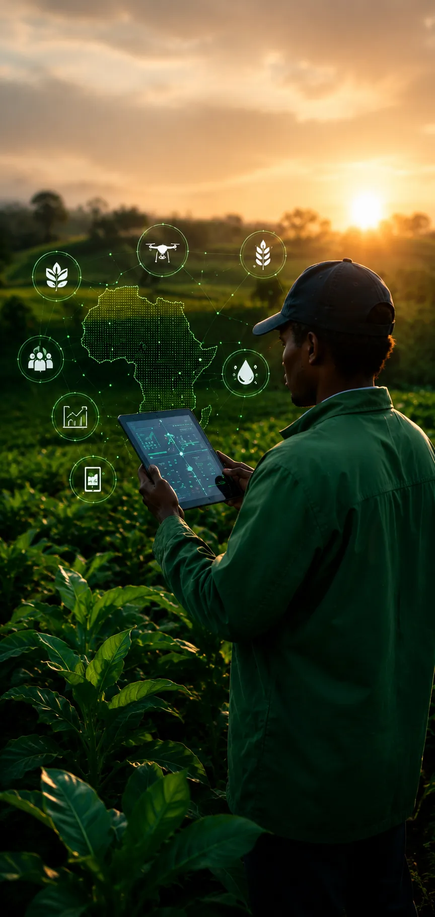 Farmer in an East African field using technology at golden hour